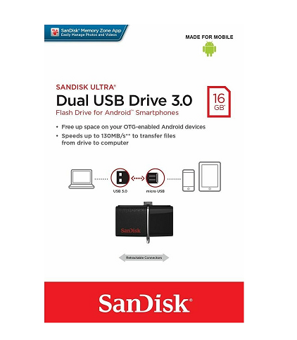 זיכרון נייד Sandisk Dual Usb Drive 16Gb