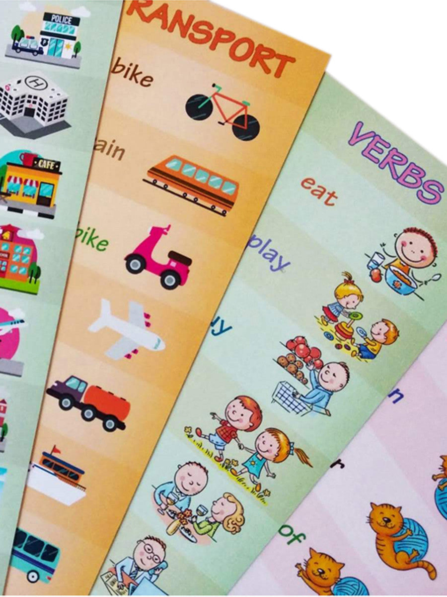 100 מילים חדשות באנגלית מניפת אוצר מילים 2 with colorful illustrated vocabulary cards in categories like transport and verbs